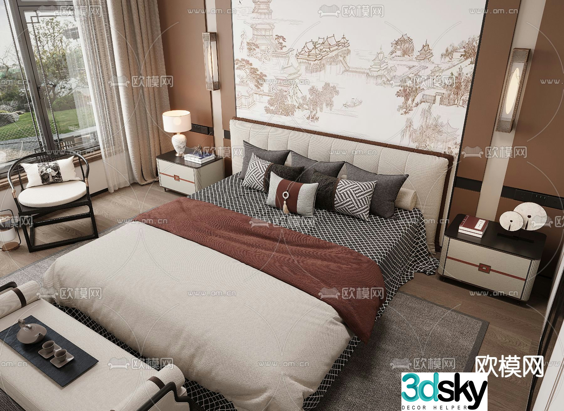 New Chinese style double bed 3d model