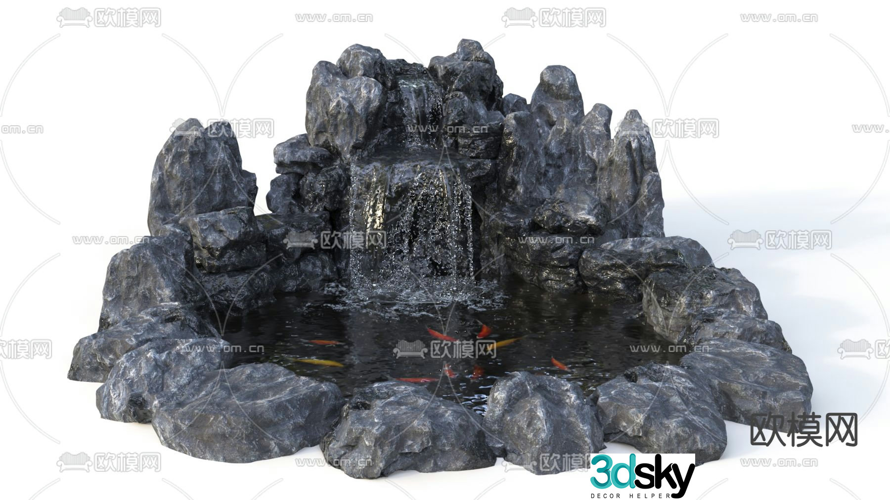 Rockery waterscape waterfall koi pond 3d model