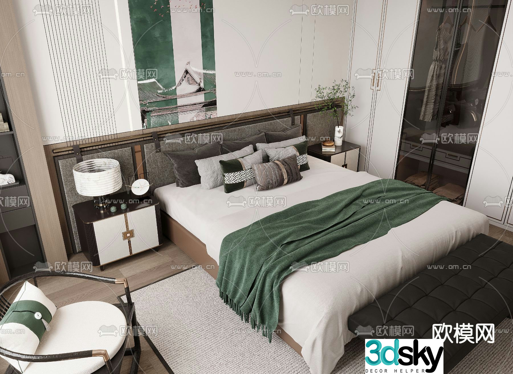New Chinese style double bed 3d model