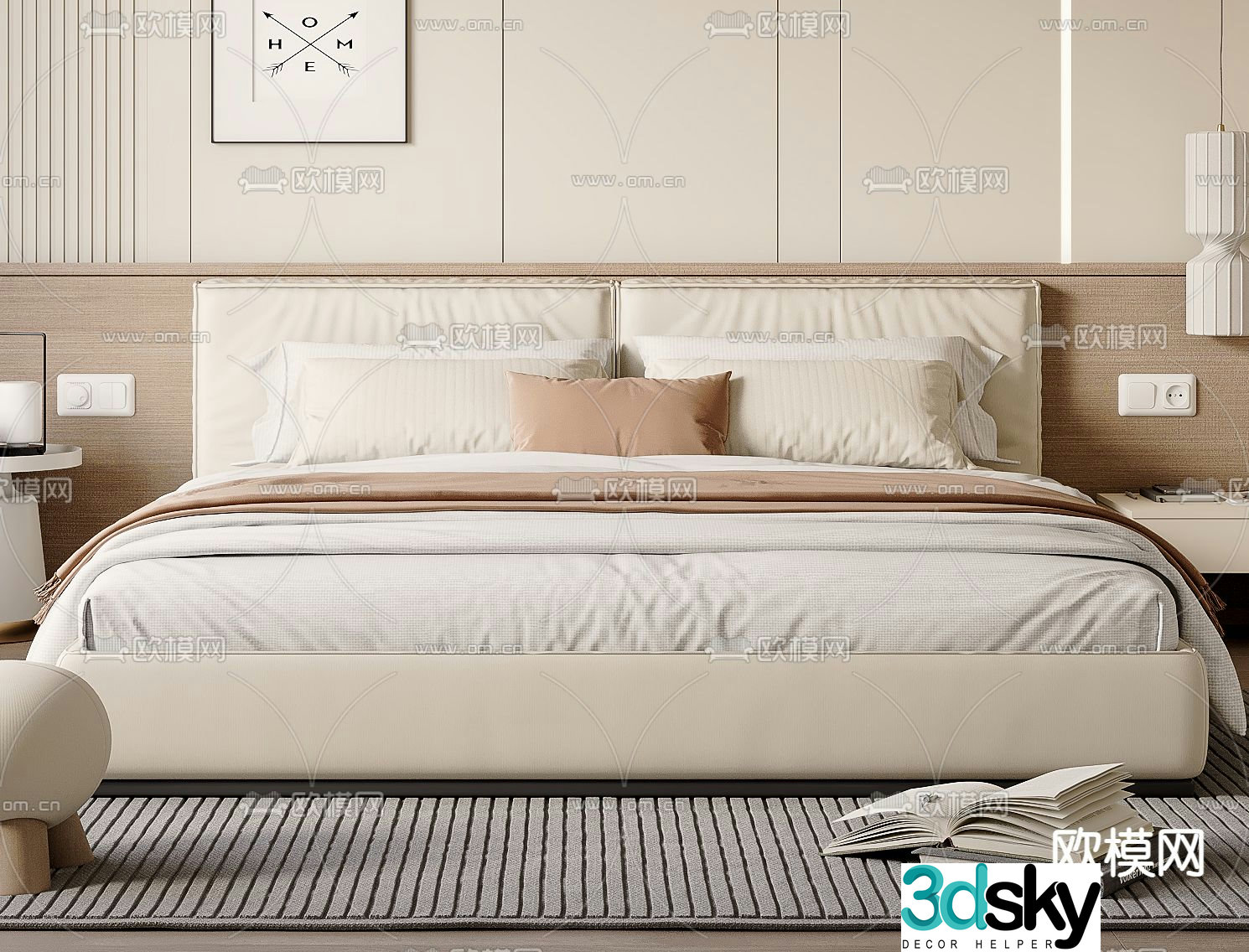 Cream style double bed 3d model