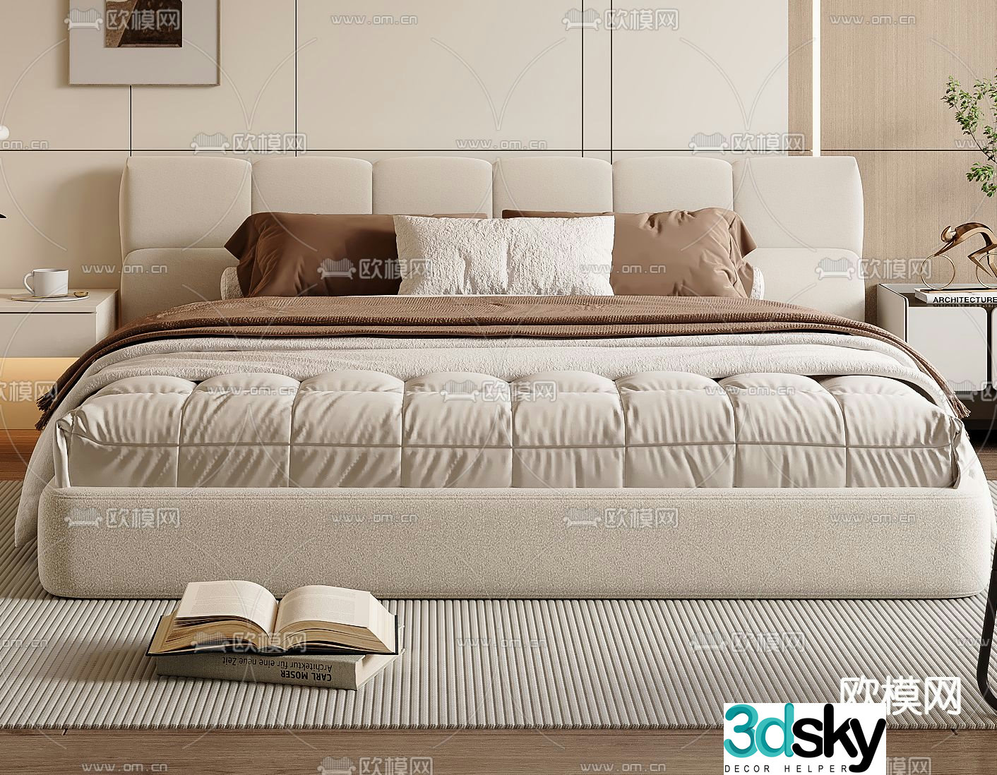 Cream style double bed 3d model