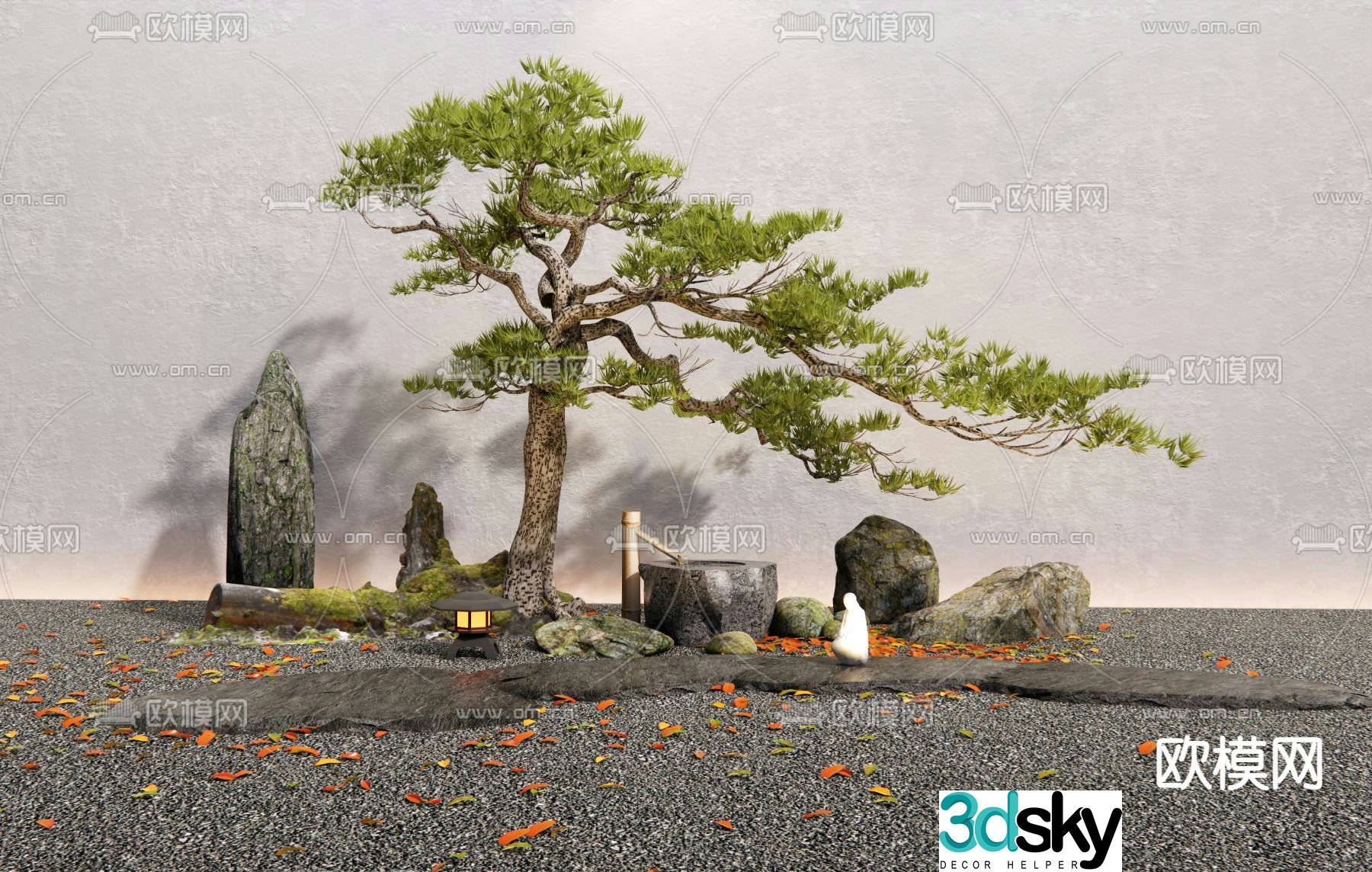 Water Bowl Sketch Pine Tree Landscape 3D Model