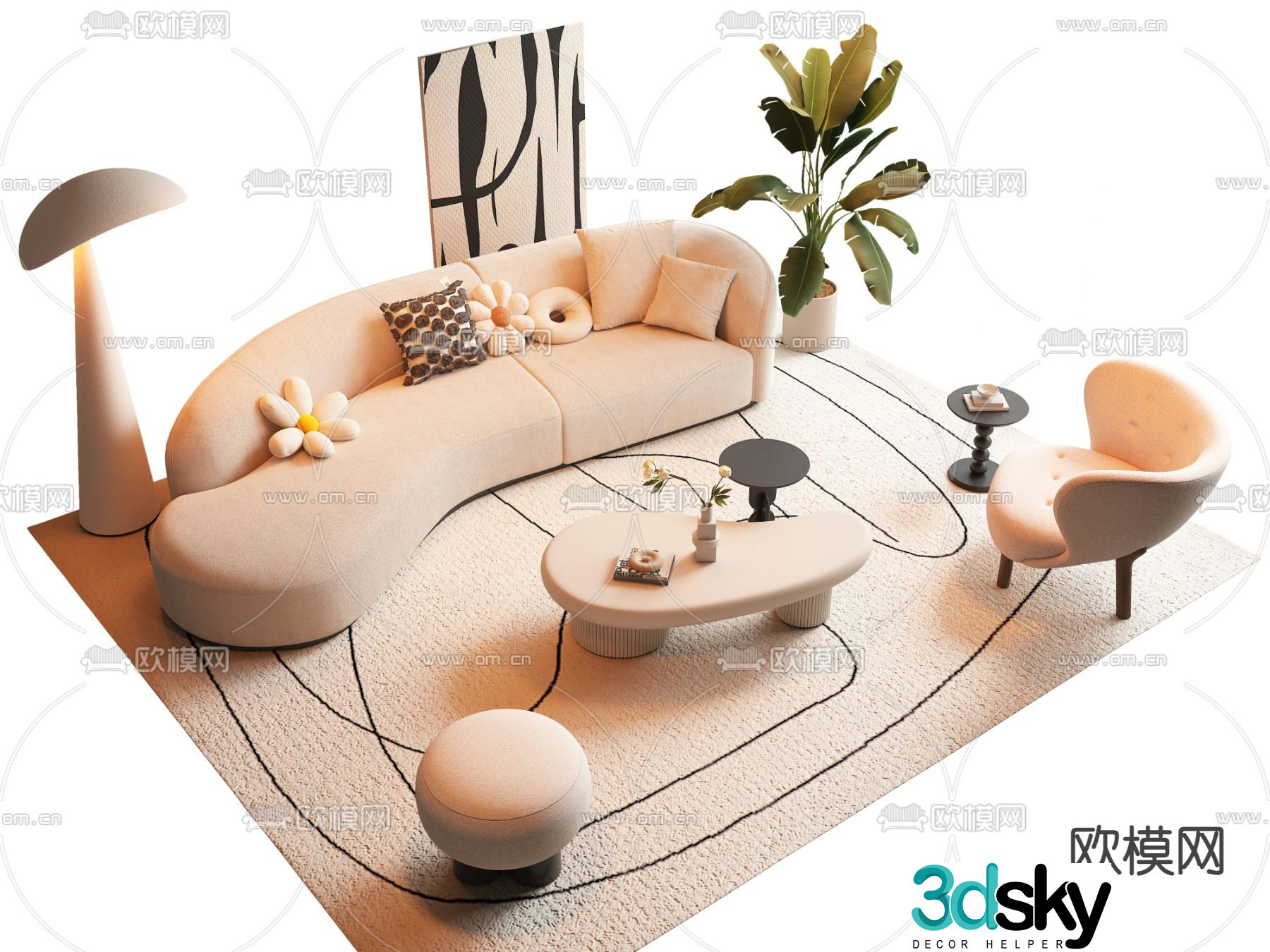 Cream style modular sofa curved sofa 3d model