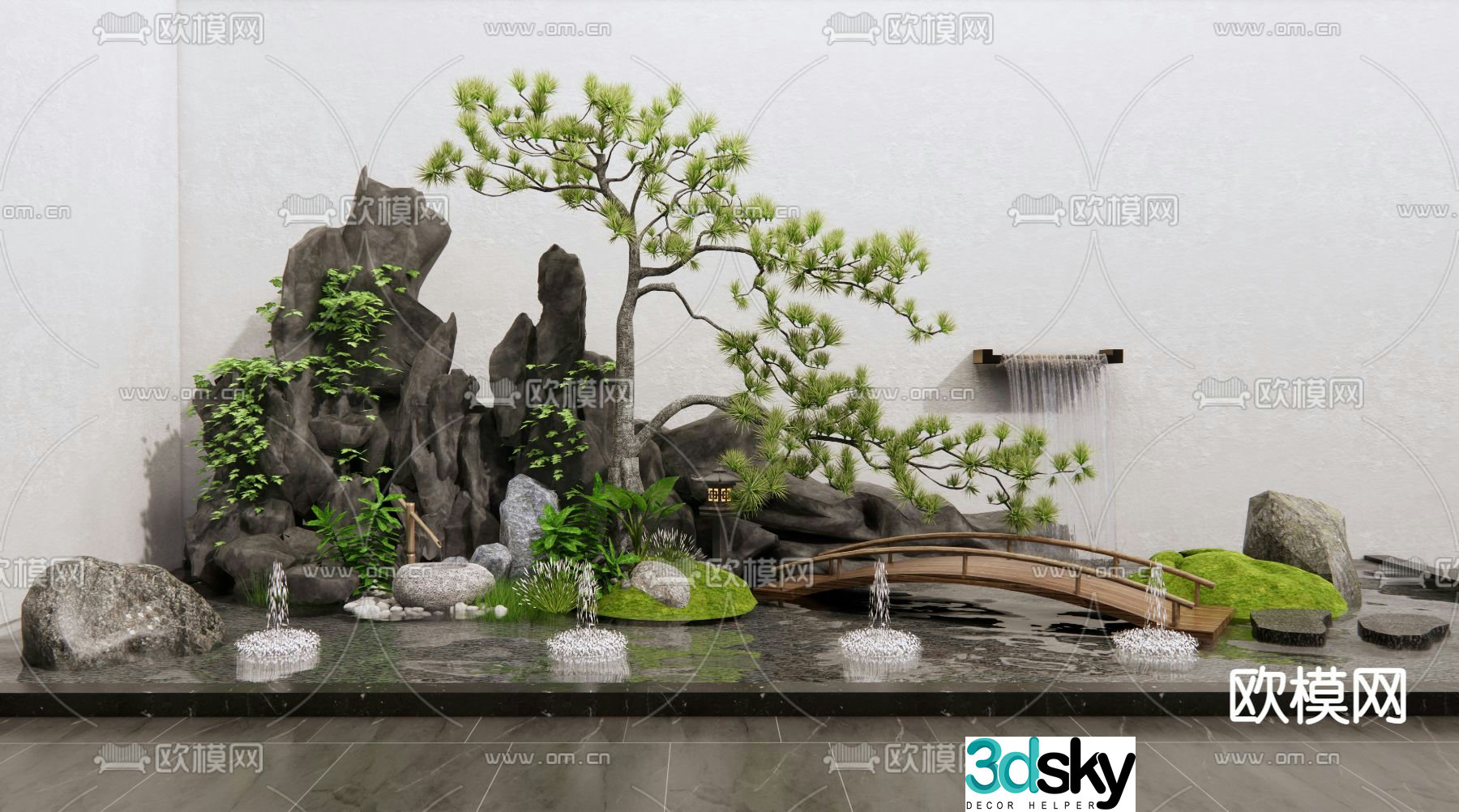 Rockery waterscape small bridge flowing water 3D model