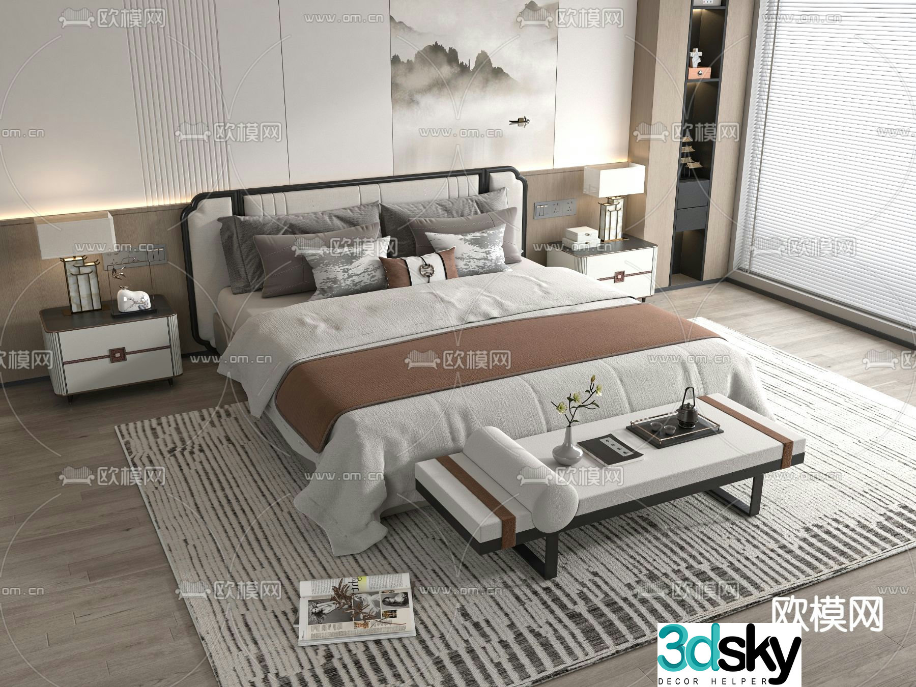 New Chinese style double bed 3d model