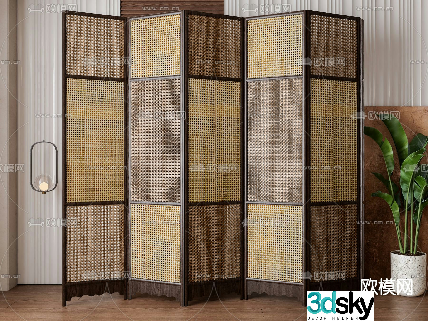 Middle-aged partition rattan screen 3D model