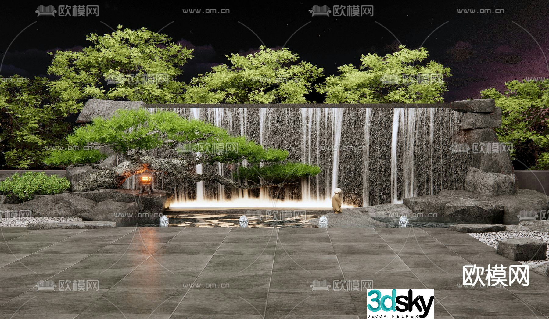 Rockery Waterscape Pine Tree Sketch 3D Model