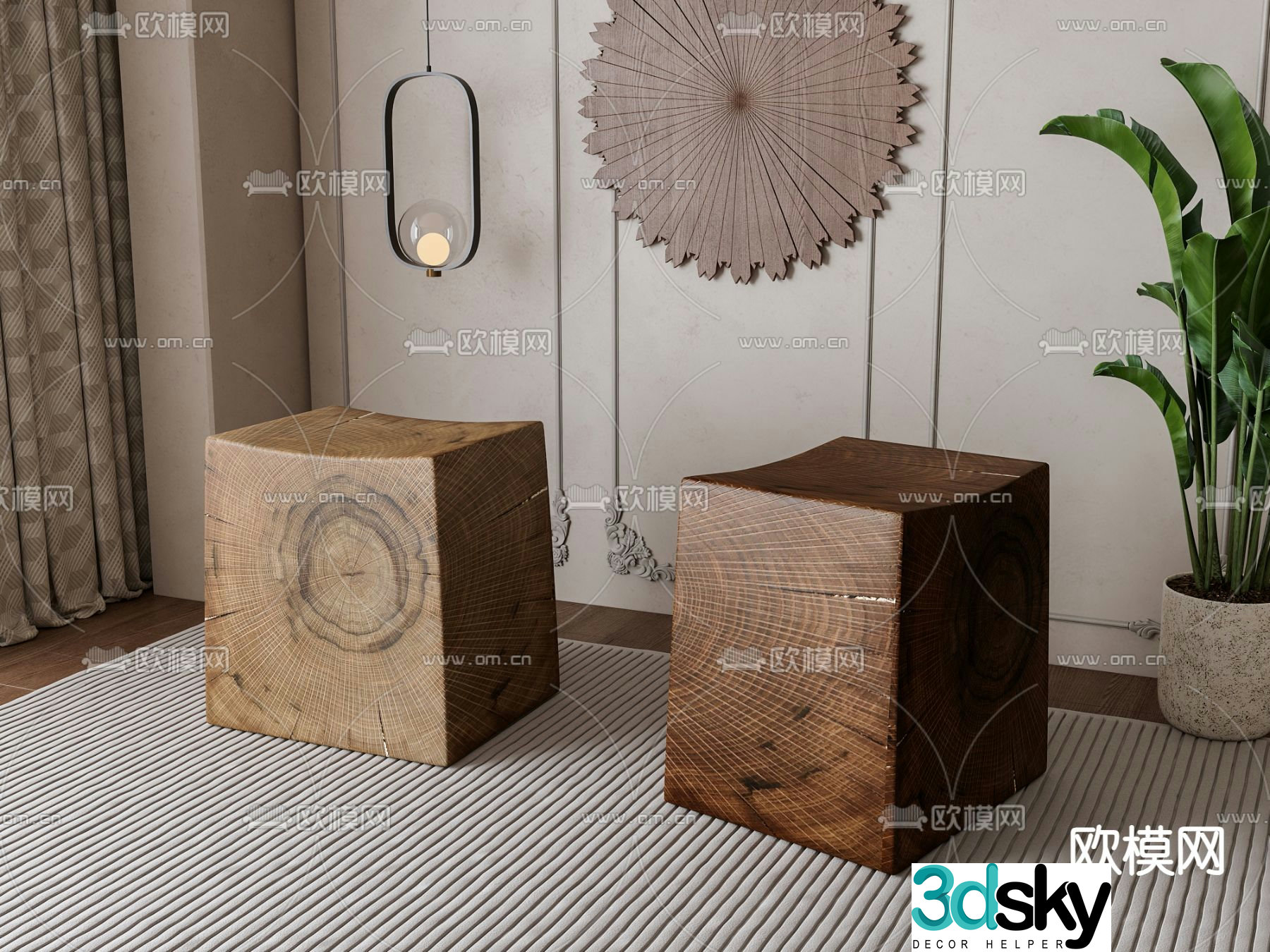 wabi-sabi stool wooden pier low stool 3d model