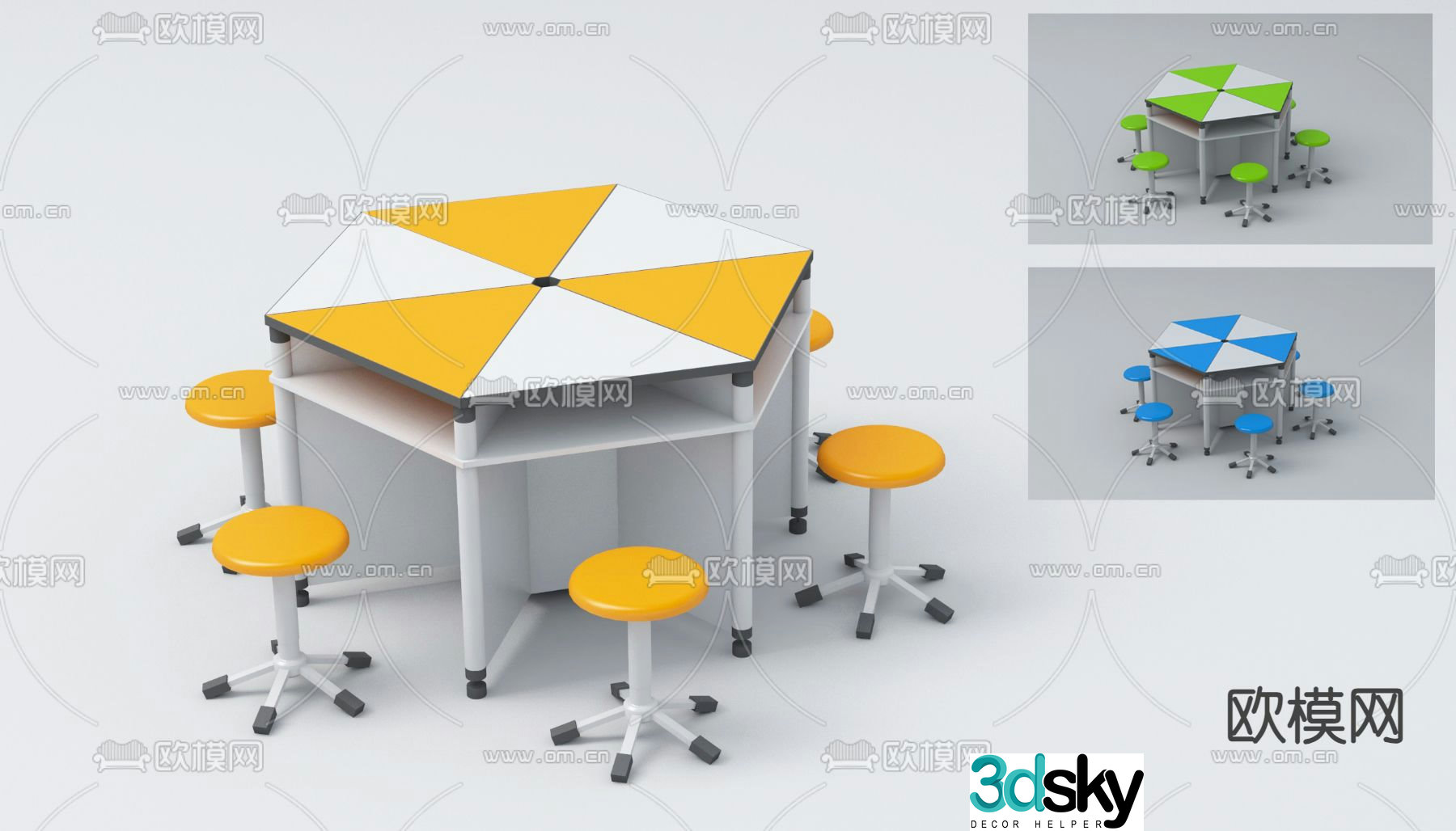 Student desk and chair hexagonal desk and chair 3d model