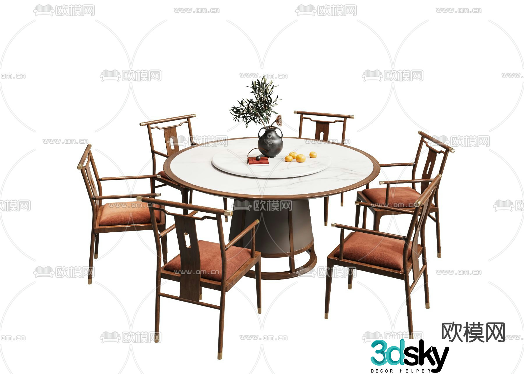 New Chinese style dining table and chairs round dining table 3d model