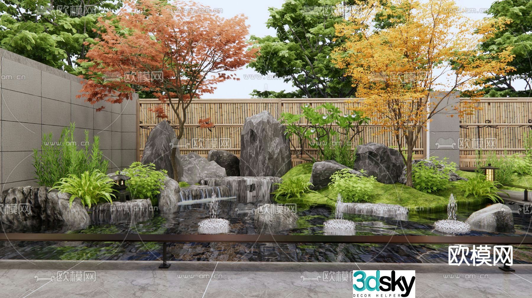 Rockery waterscape fountain bridge flowing water 3d model