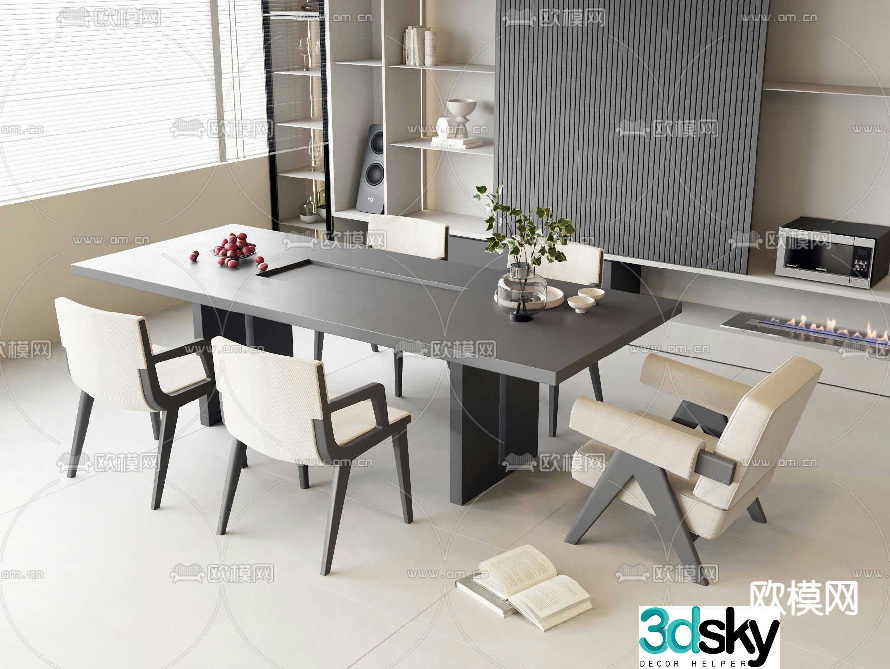 3D model of strip dining table and chair