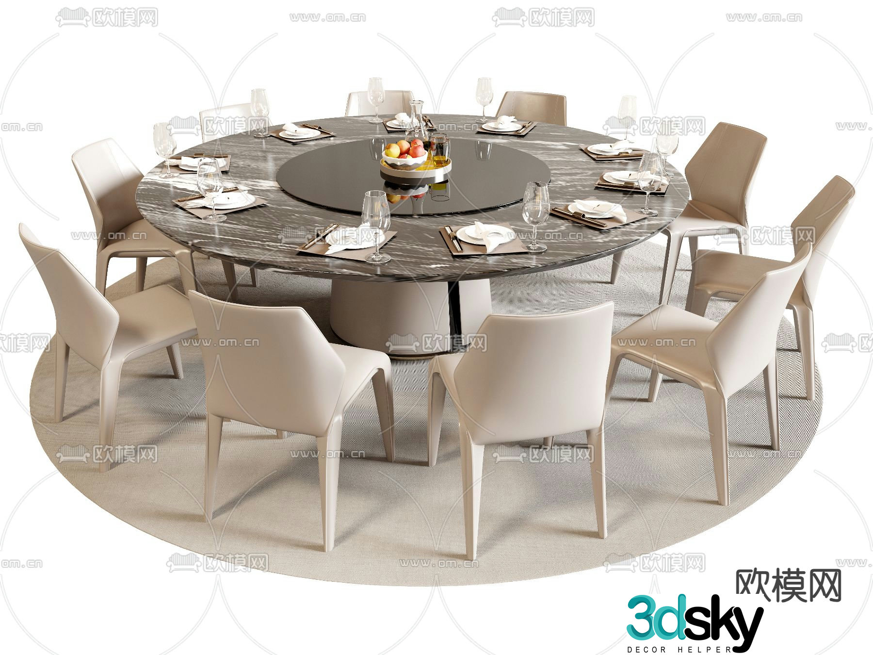 Round dining table and chairs slate dining table 3d model