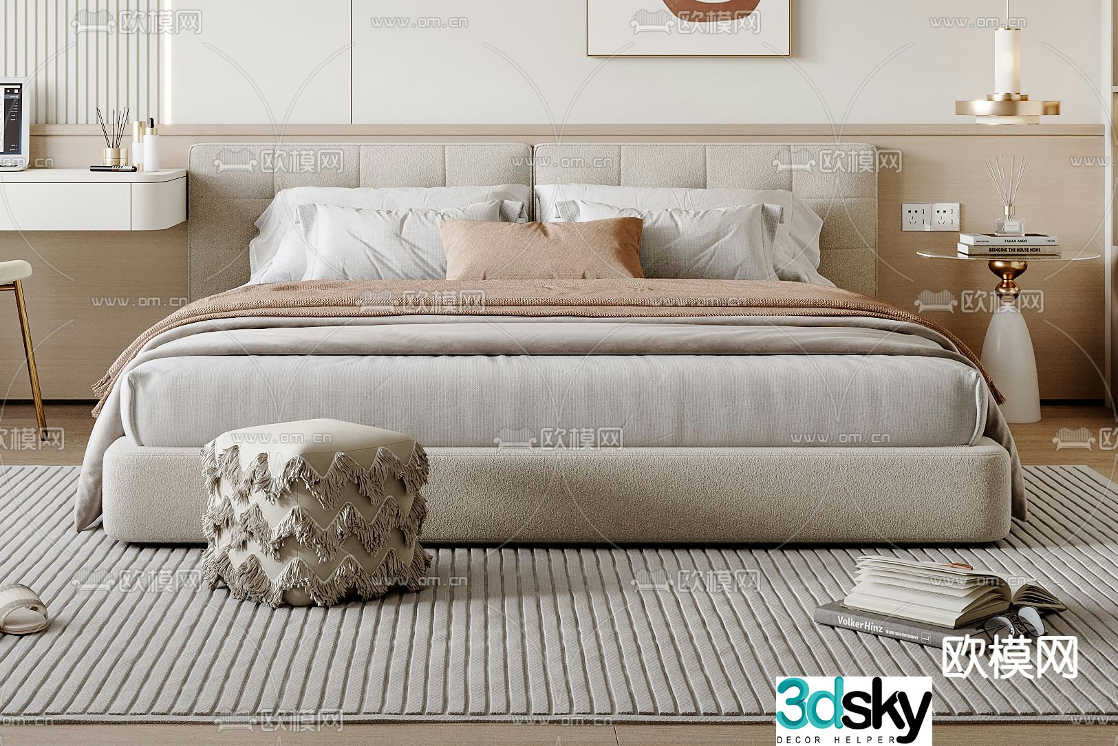 Cream style double bed 3d model