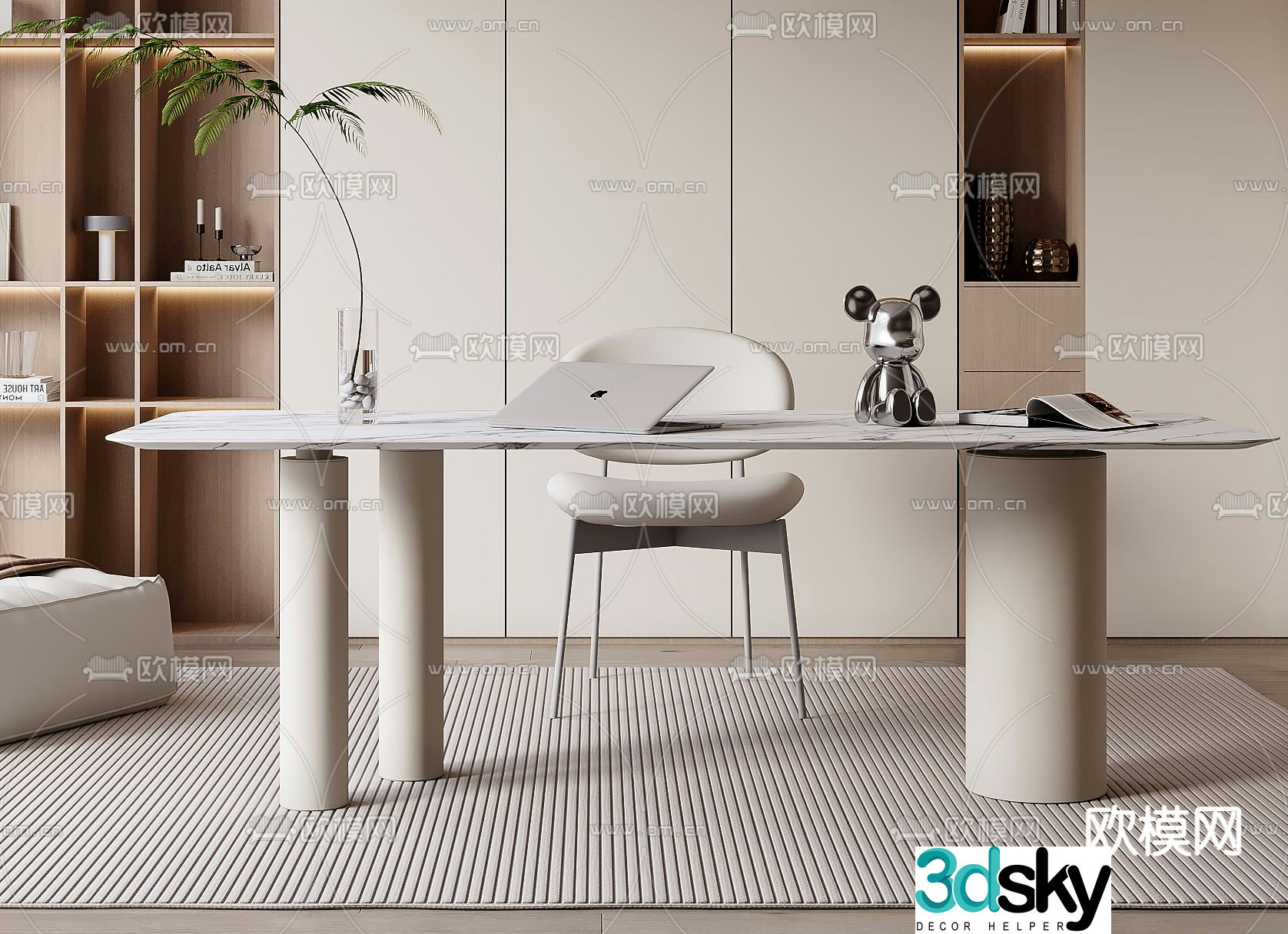 Cream style desk writing desk computer desk 3d model