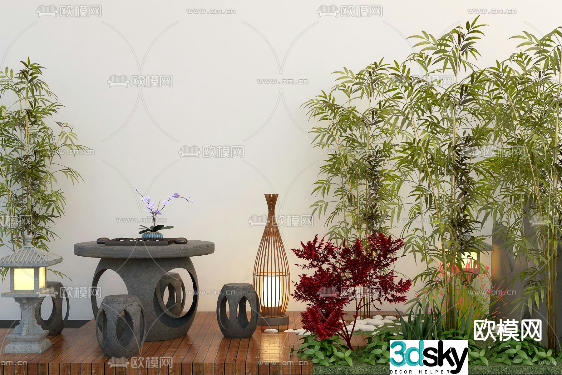 Landscape sketch bamboo landscaping stone table stone bench 3D model