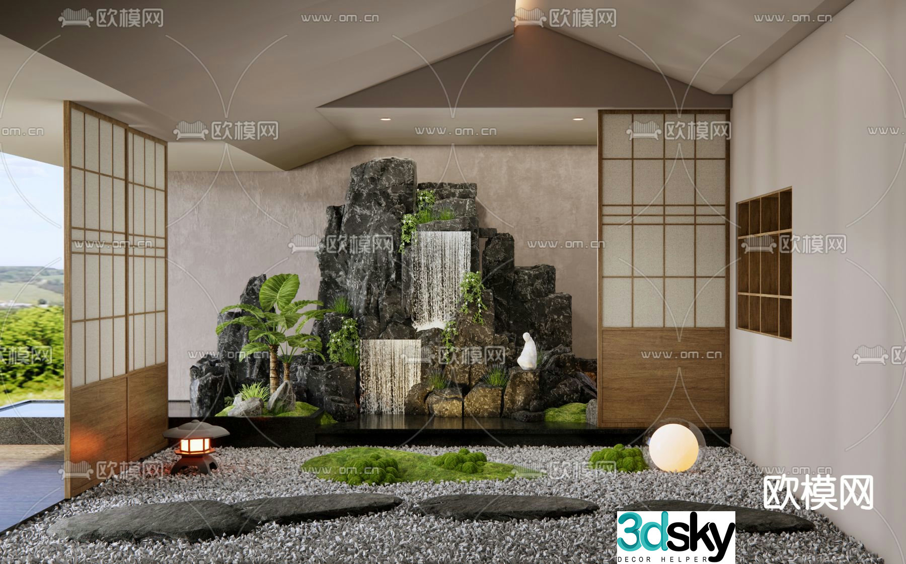 Landscape sketch rockery water feature falling water feature wall 3D model