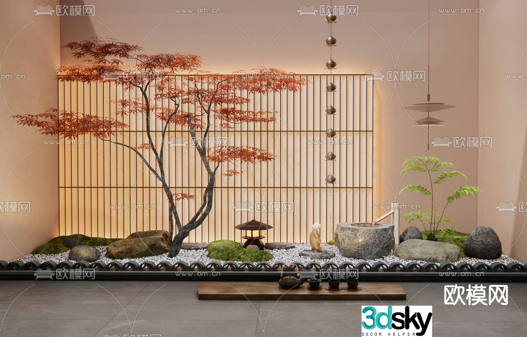 Dry landscape sketch plant landscaping flowing water bowl 3D model