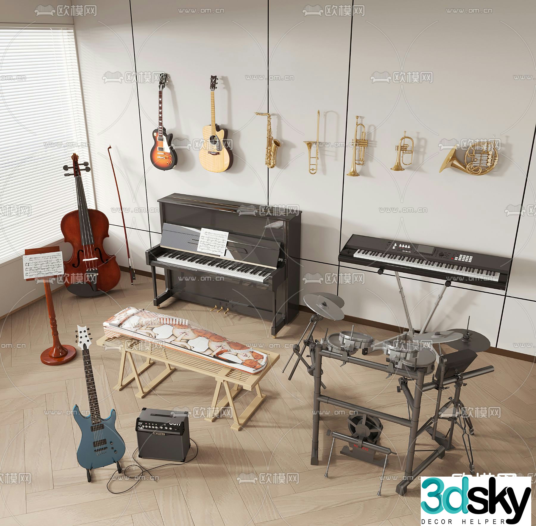 musical instrument piano violin drum set electric guitar 3d model