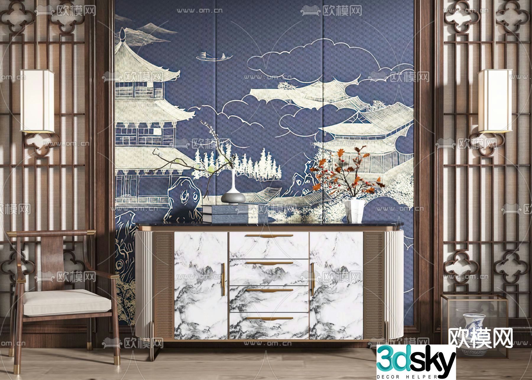 New Chinese style side cabinet entrance cabinet Duanjing cabinet 3D model