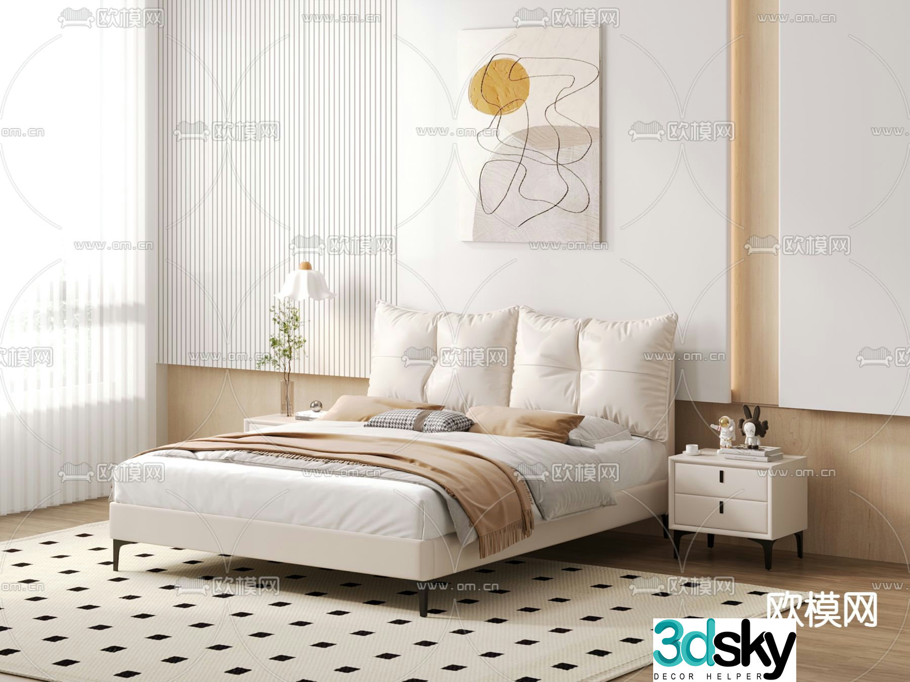 Cream style double bed 3d model