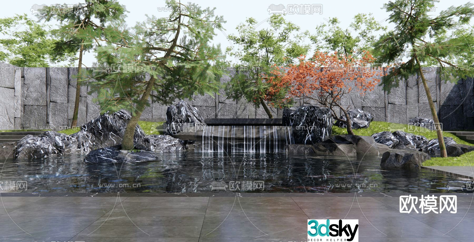 New Chinese style pool rockery waterscape 3D model