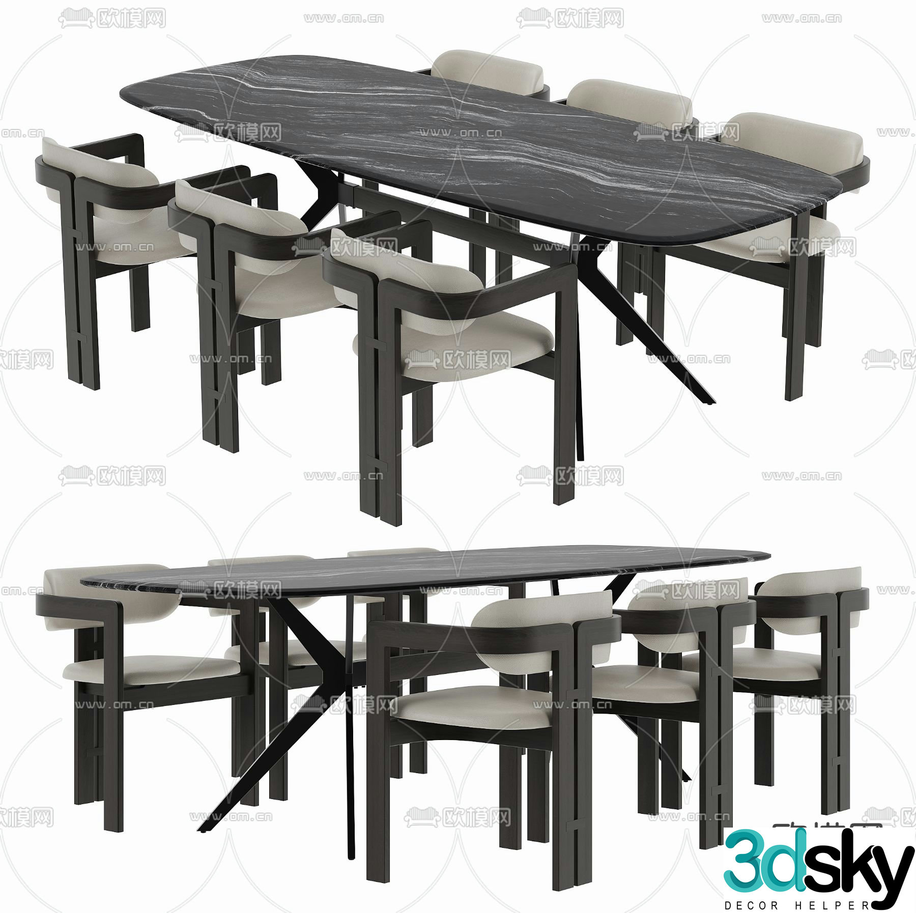High-grade gray dining table and chairs slate dining table 3D model