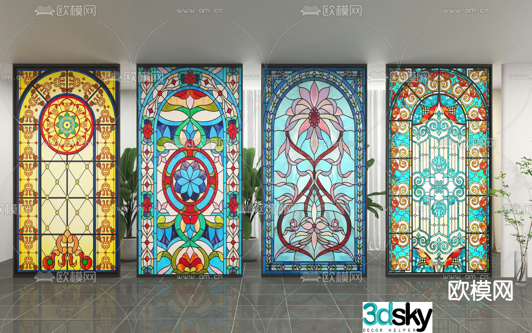 French glass screen painted partition 3d model