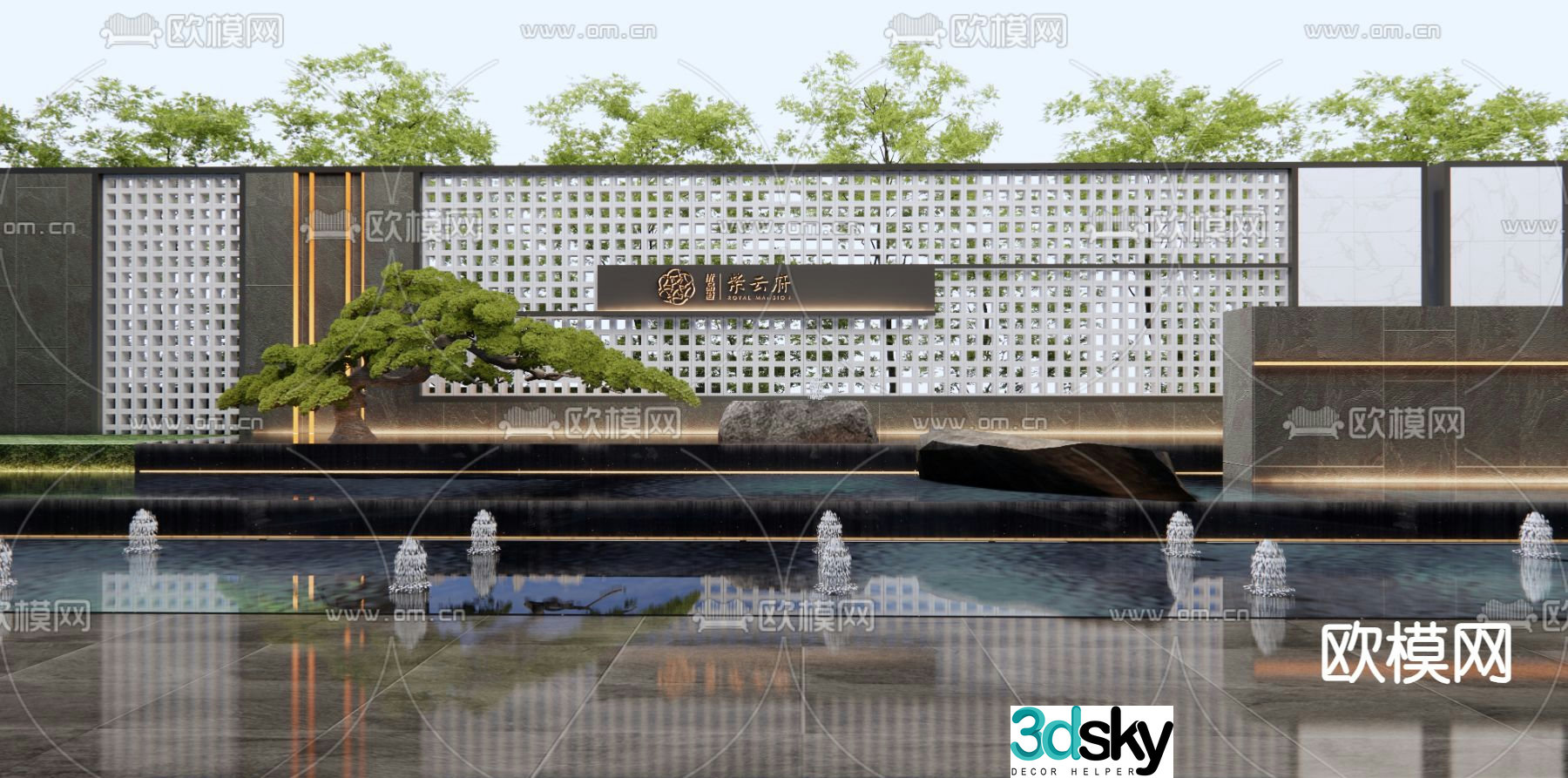 New Chinese style water feature wall fountain pool sketch 3D model