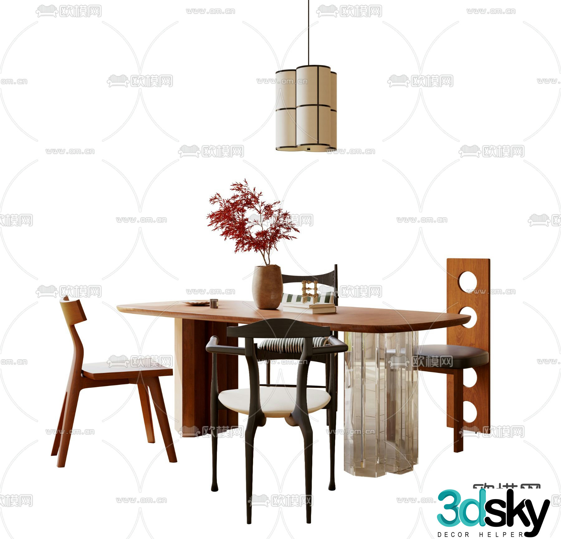 Medieval style dining table and chairs log dining table 3d model