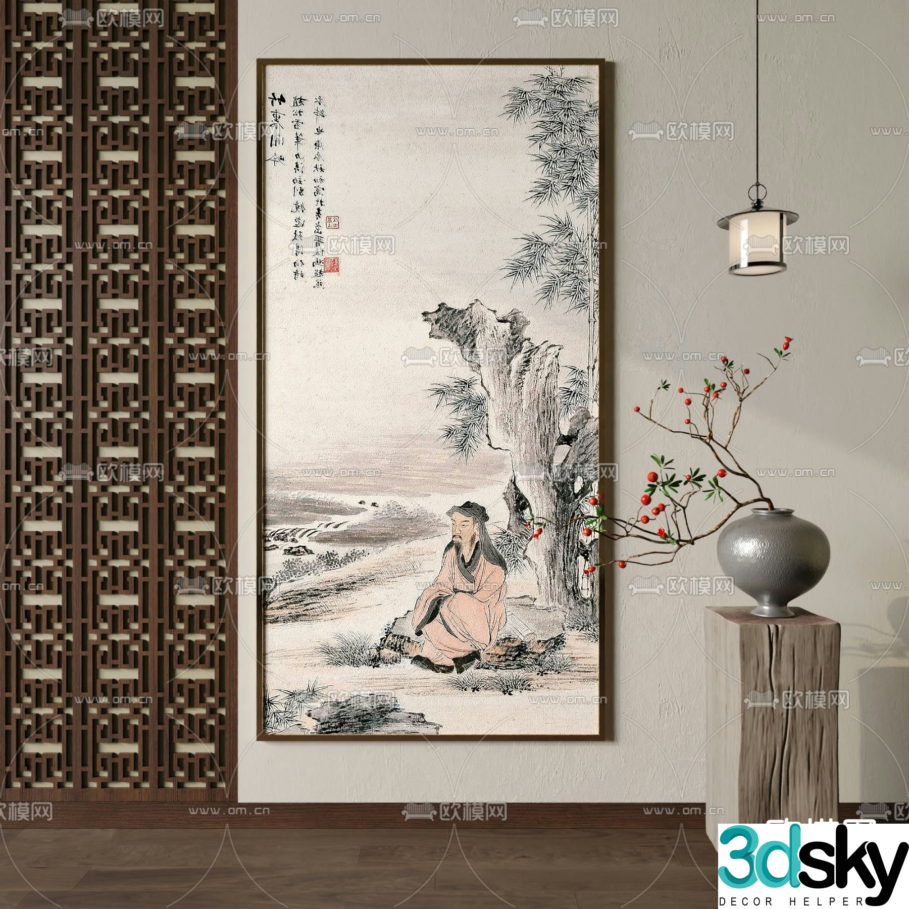 New Chinese-style figure painting calligraphy and painting decorative painting 3D model