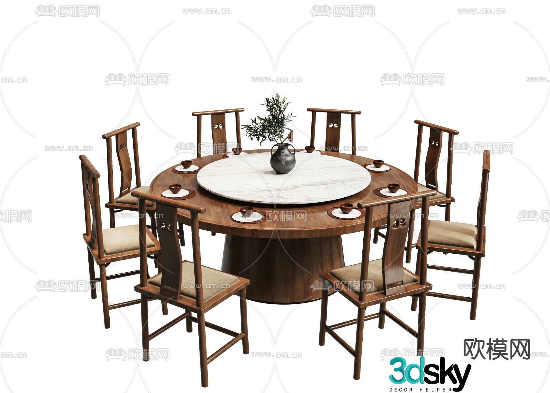 New Chinese style dining table and chairs round dining table 3d model