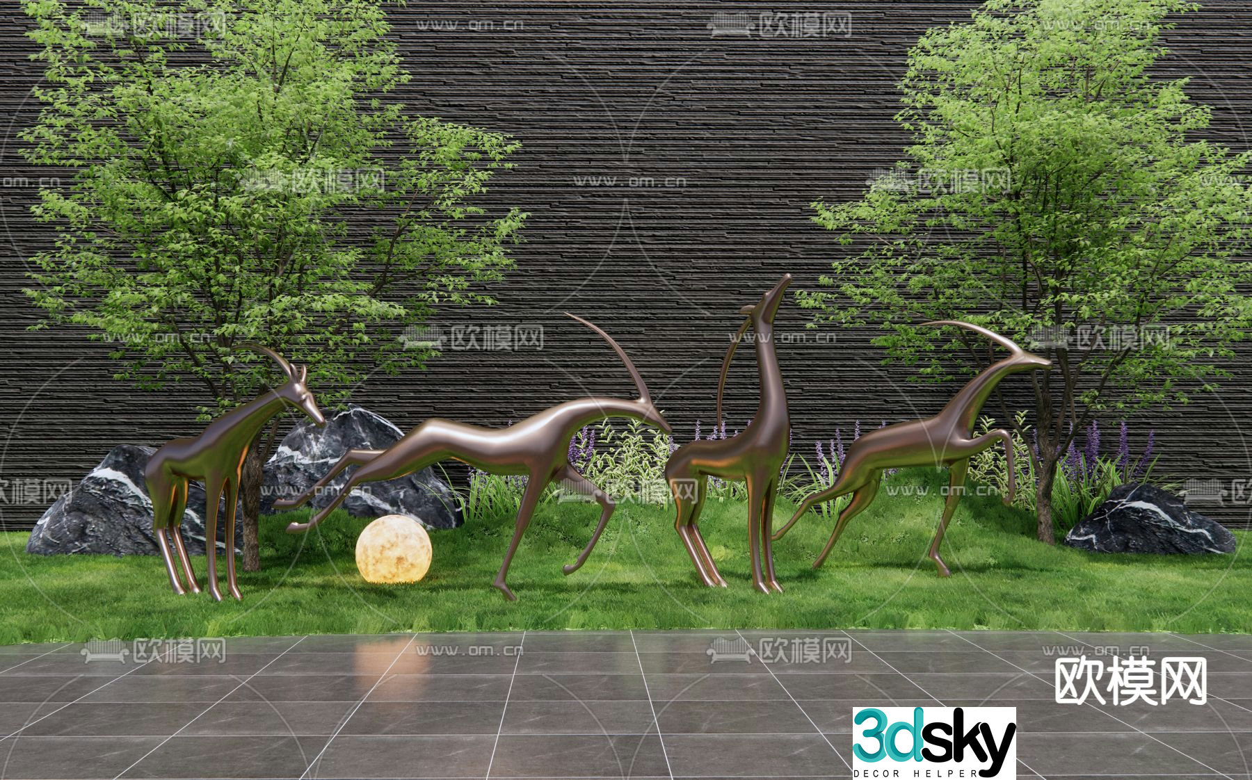 Landscape sculpture deer sculpture landscape tree 3d model