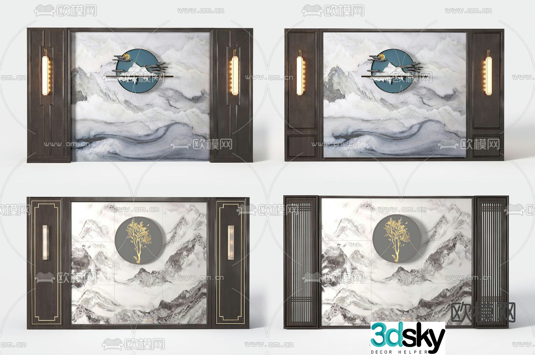 New Chinese style background wall bedside background 3d model