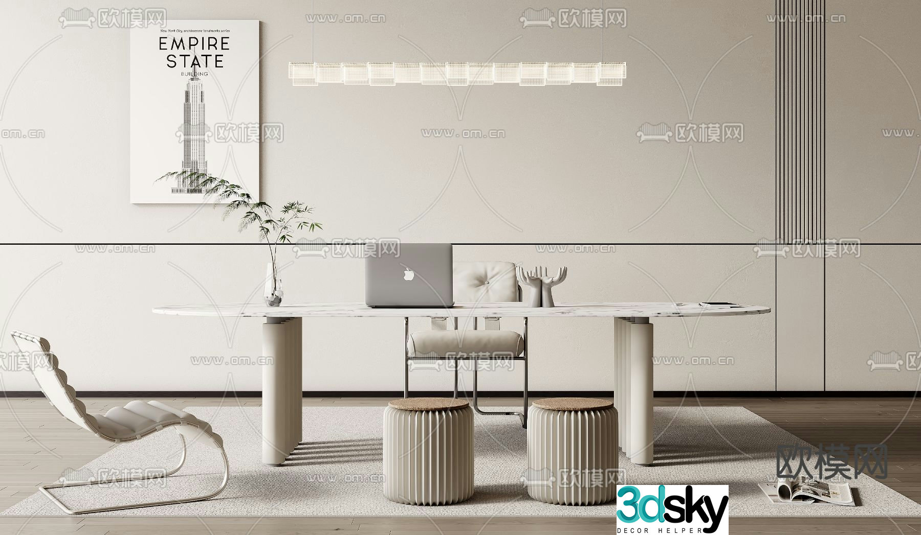 Cream style desk writing desk computer desk 3d model