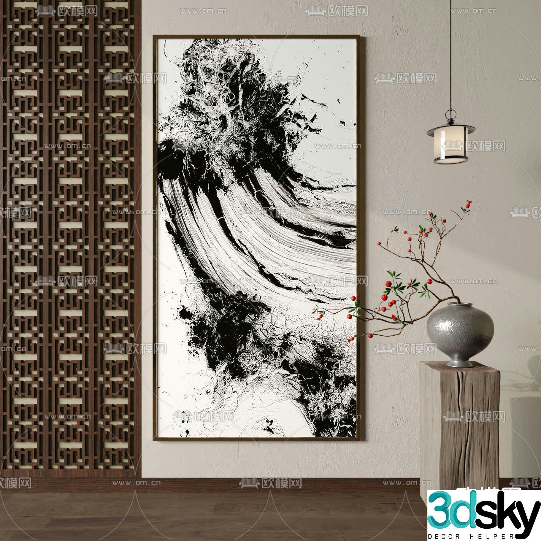 New Chinese style black and white painting wave painting decorative painting 3D model