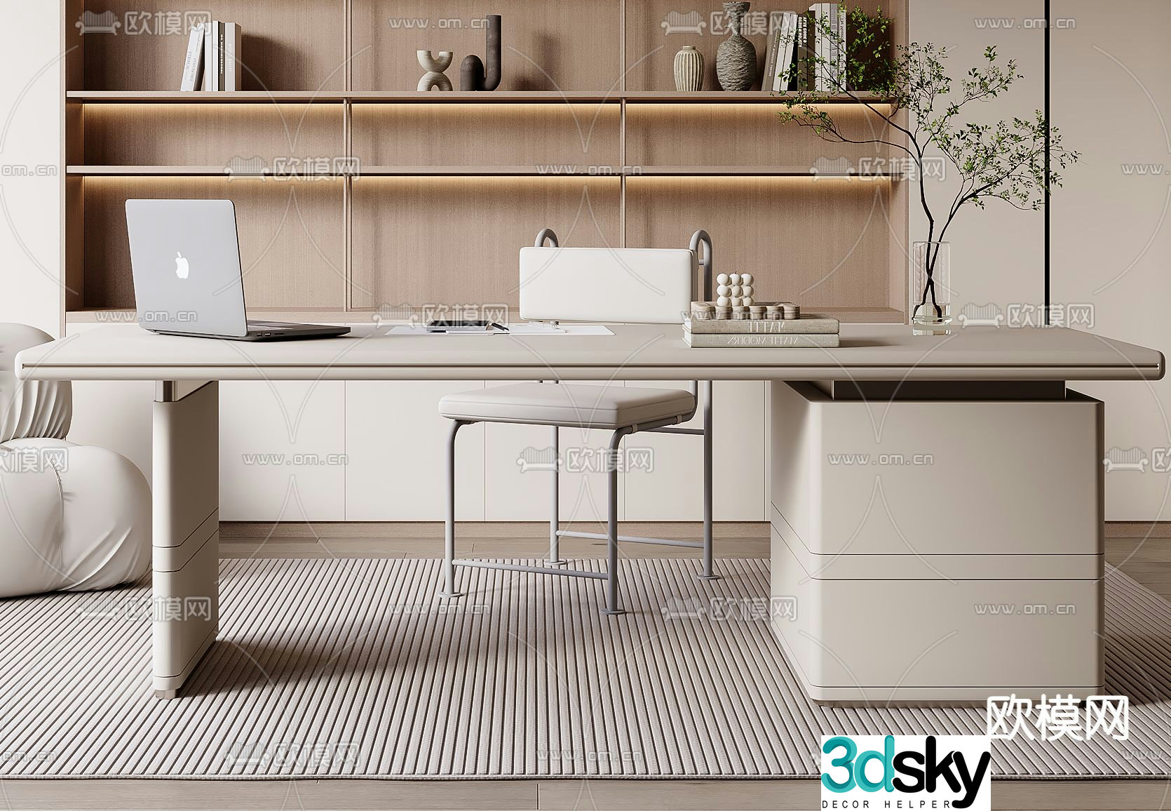 Cream style desk writing desk computer desk 3d model