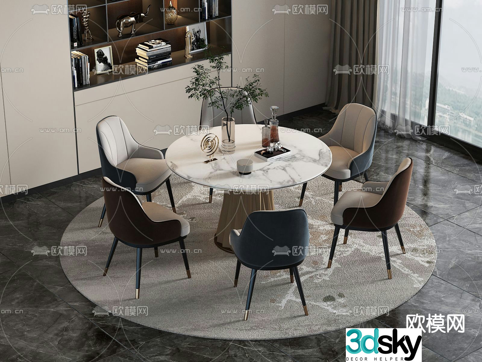 Round dining table and chairs slate dining table 3d model