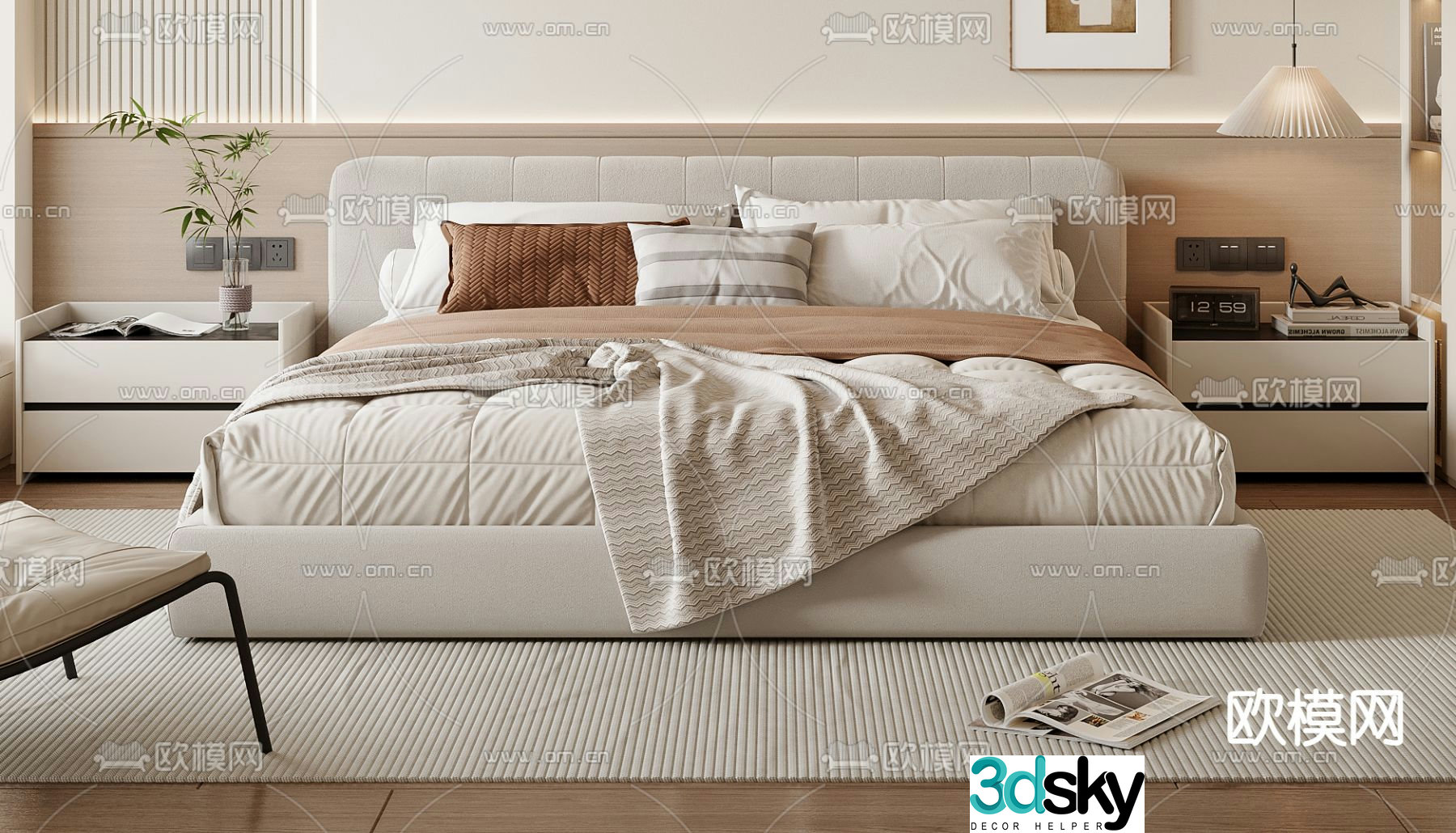 Cream style double bed 3d model