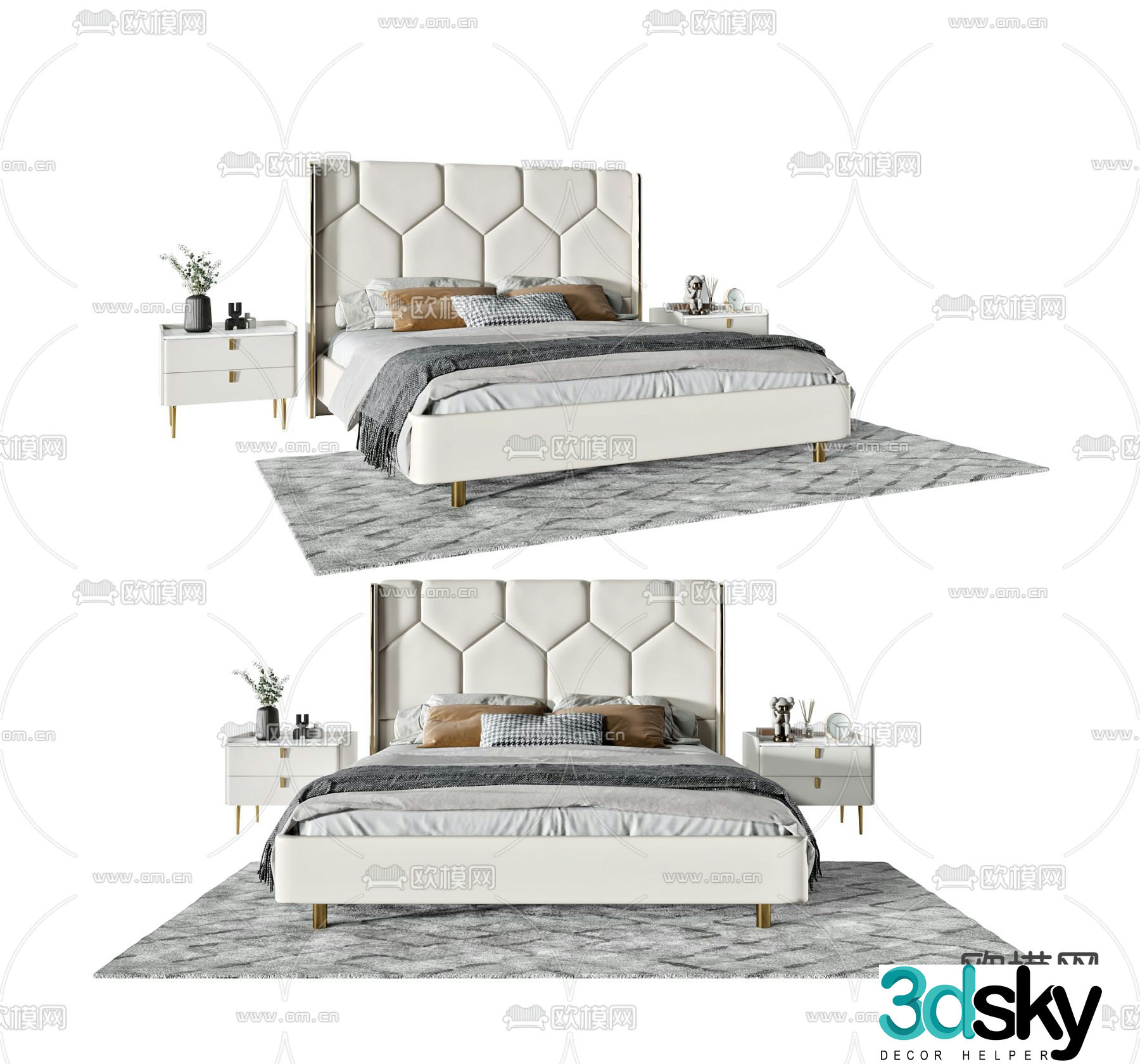 High back double bed 3d model