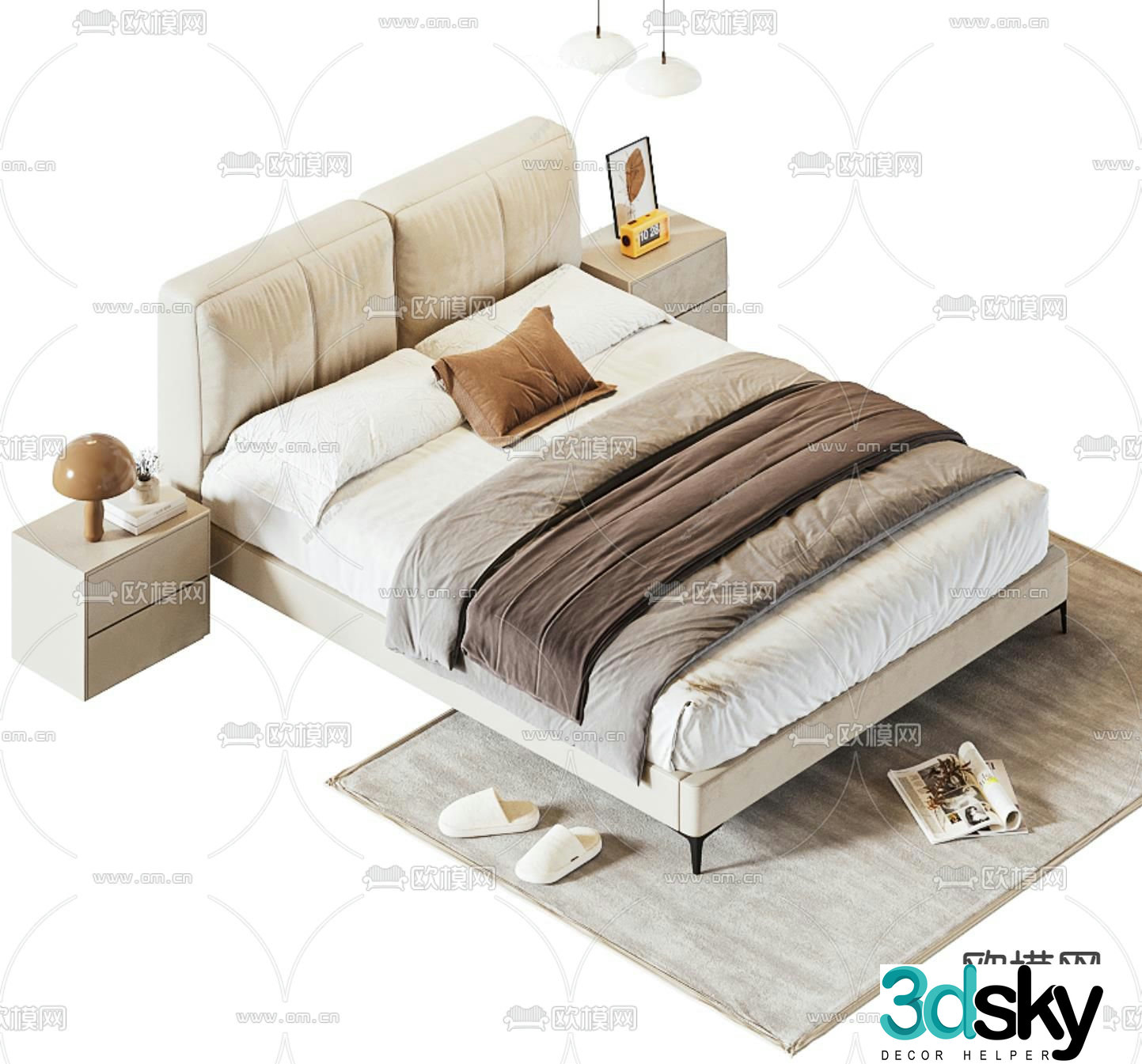 Cream style double bed 3d model