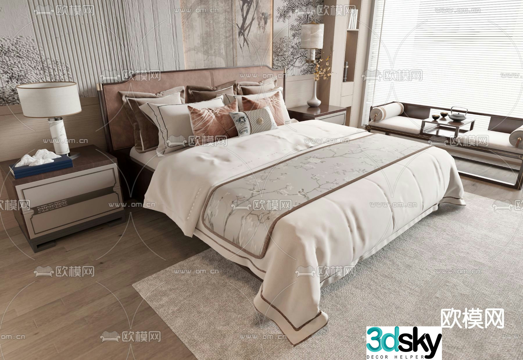 New Chinese style double bed 3d model