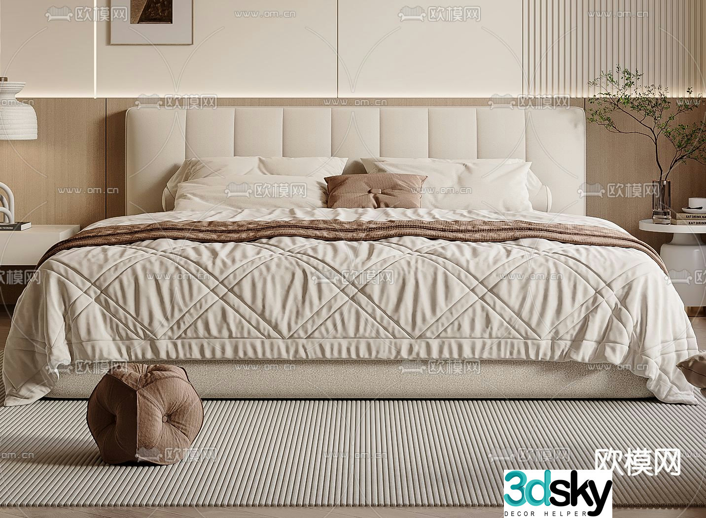 Cream style double bed 3d model
