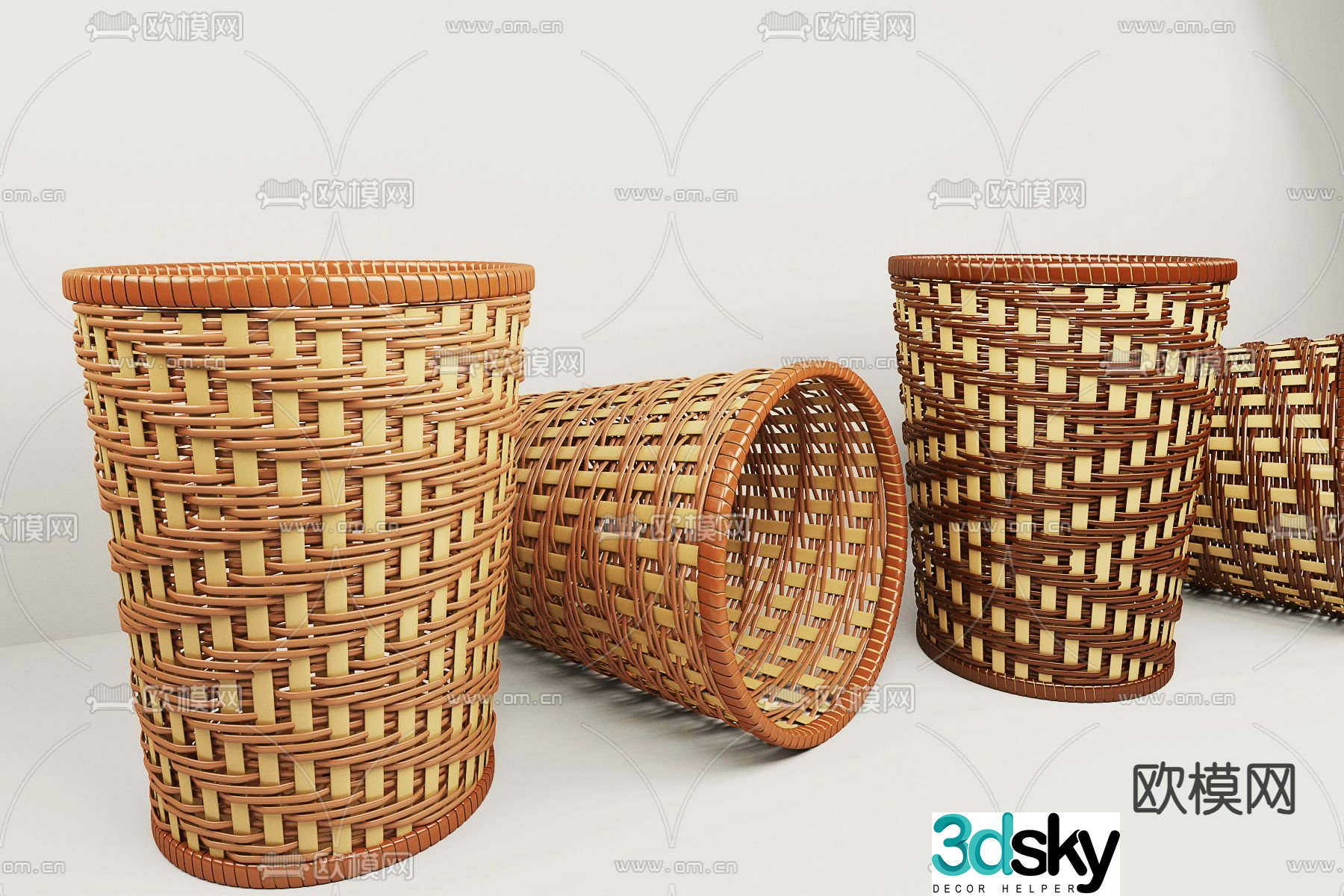 Woven basket rattan trash can 3d model