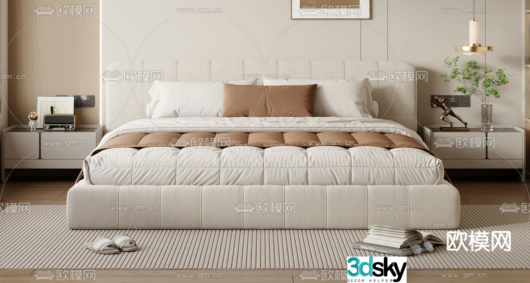 Cream style double bed 3d model