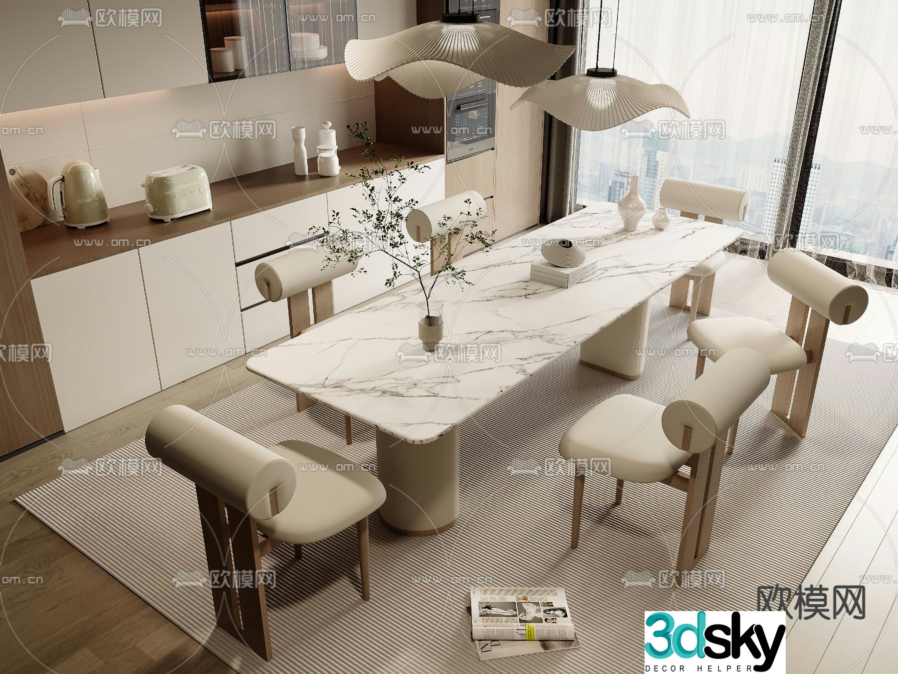 Cream style dining table and chairs 3d model