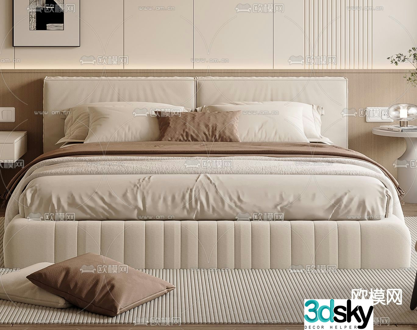 Cream style double bed 3d model
