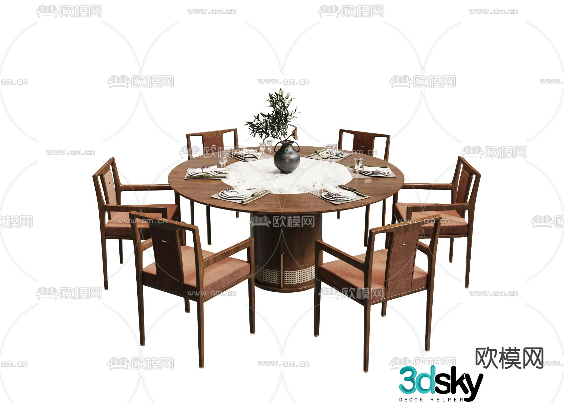 New Chinese dining table and chairs Round dining table 3D model