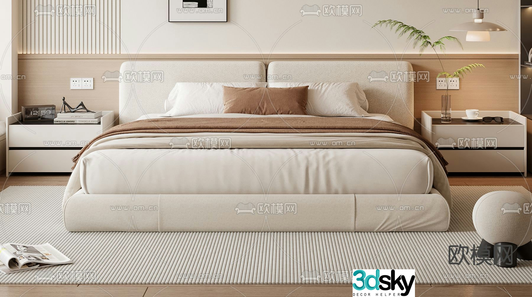 Cream style double bed 3d model