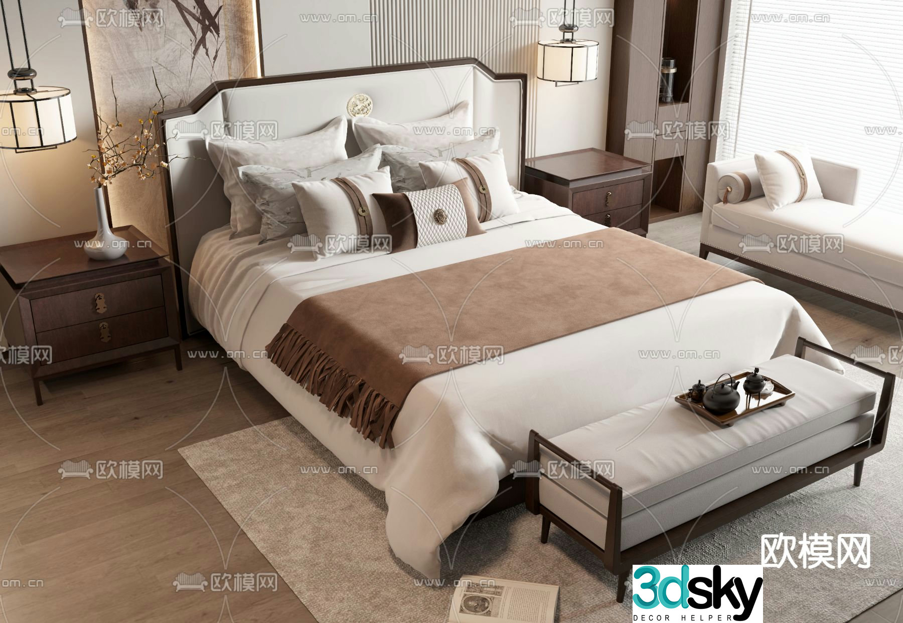 New Chinese style double bed 3d model